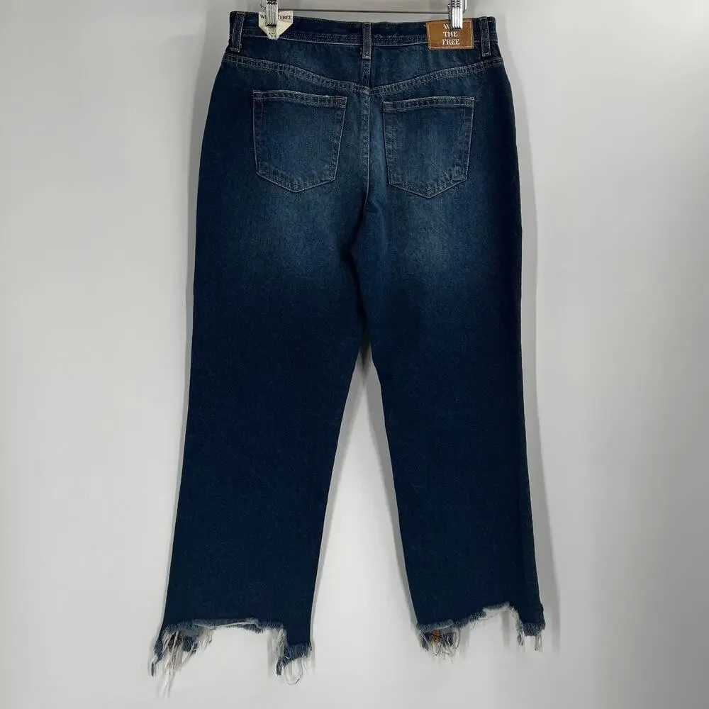 Free People WTF Maggie Mid Rise Straight Raw Hem Jeans Dark Wash NEW 29